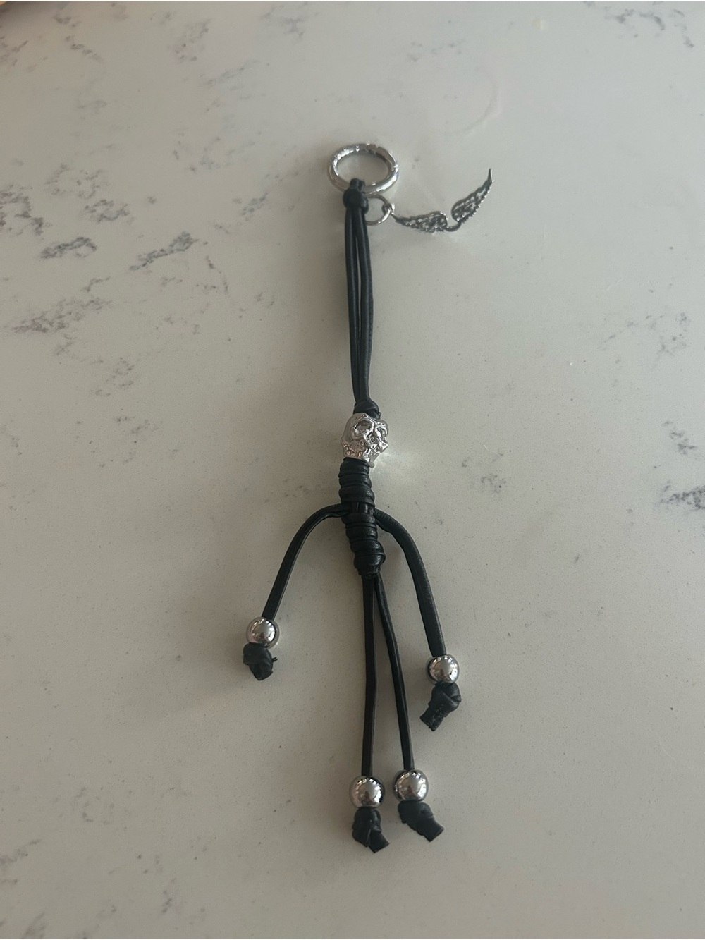 Zadig and Voltaire Leather Keychain with Sterling  Silver Skull Beads